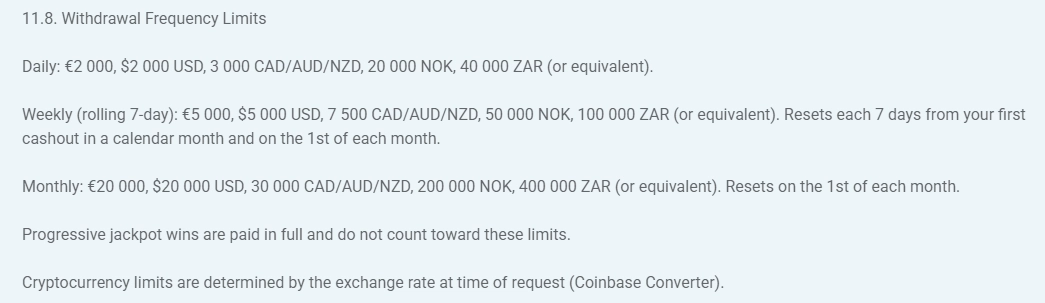 Rocket Spin terms subsection listing AUD withdrawal frequency limits