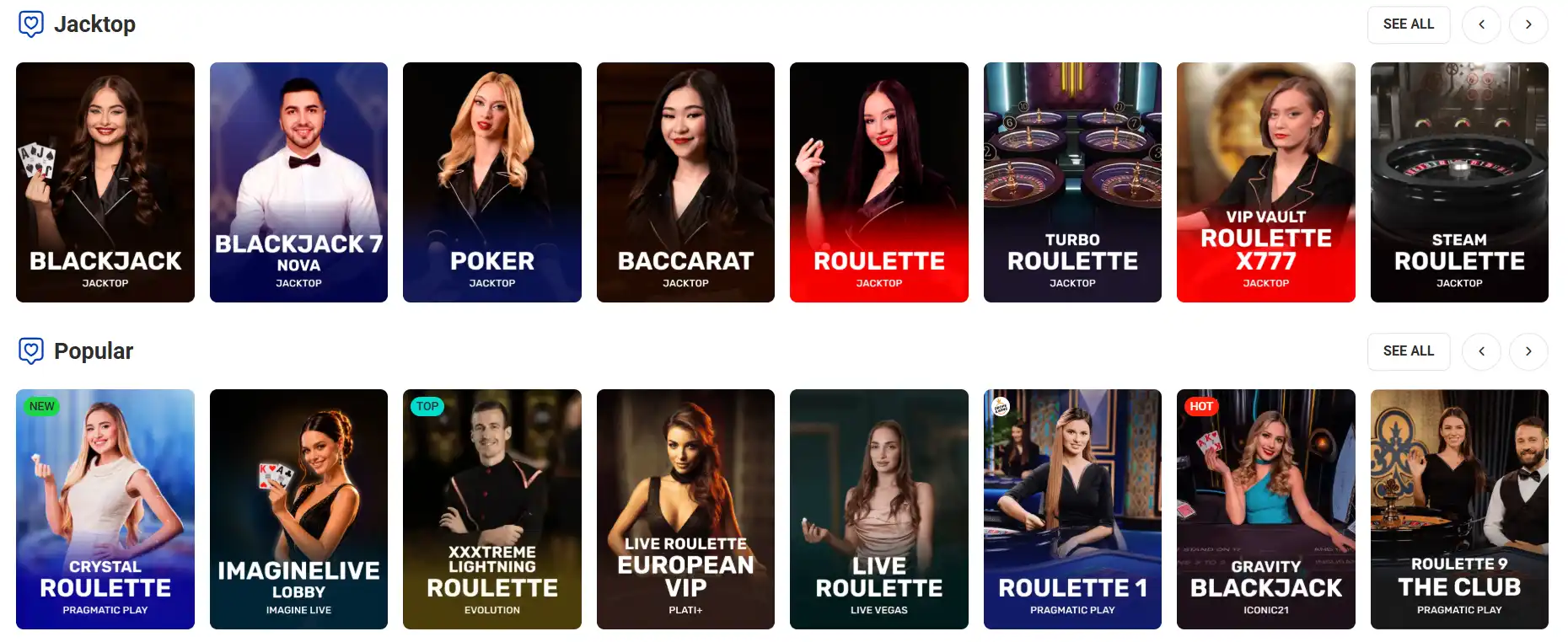 Rocket Spin live casino lobby showing current blackjack, roulette, baccarat, poker and game-show navigation