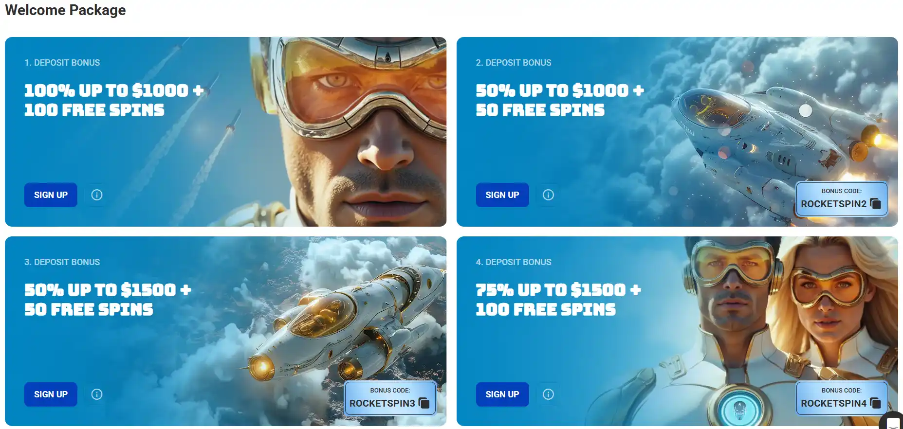 Rocket Spin Australia promotions page showing the current welcome package
