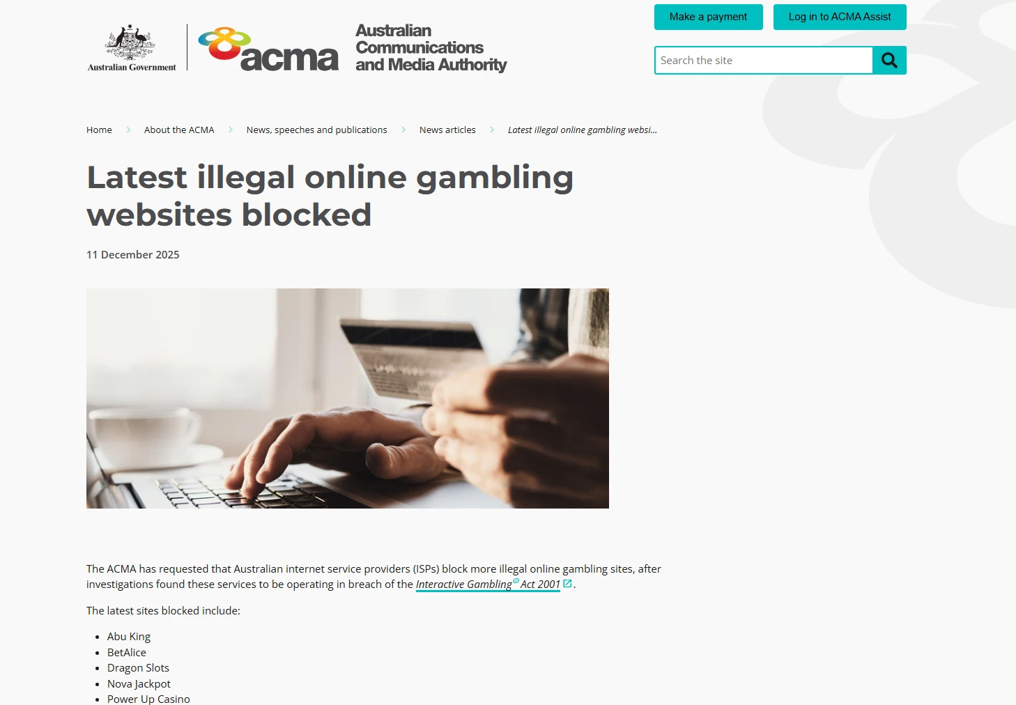 ACMA December 2025 blocking notice listing Rocketspin among illegal online gambling websites