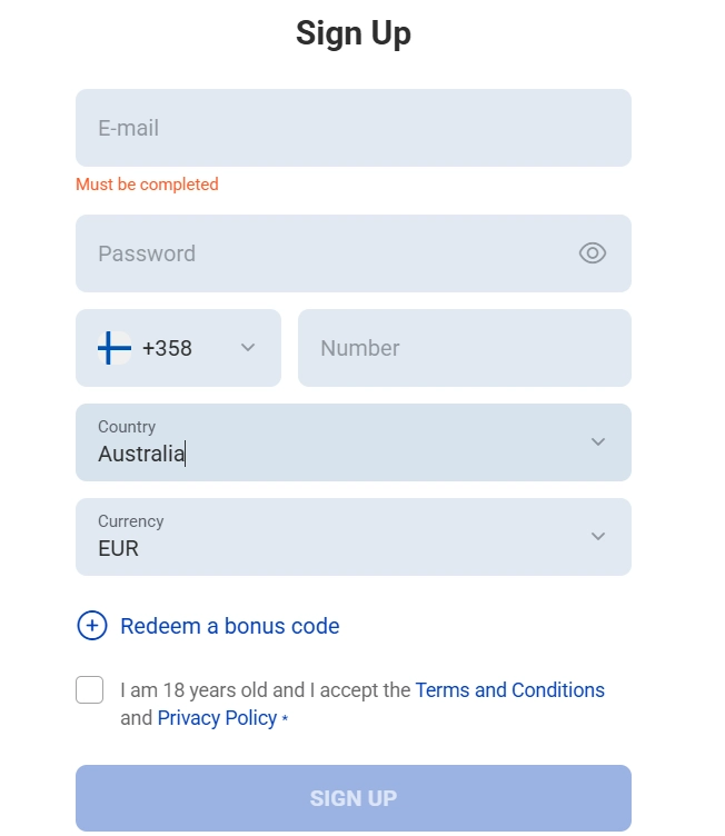 Rocket Spin registration form with all personal-data fields left blank