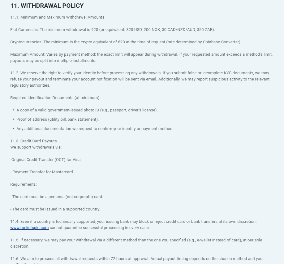 Rocket Spin terms section showing the withdrawal policy and 72-hour processing target