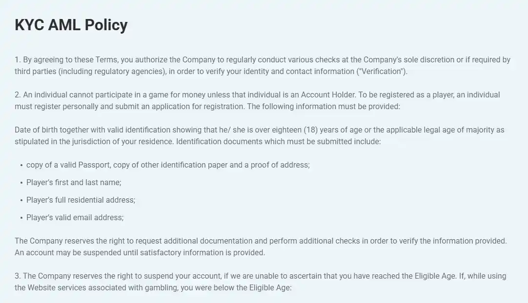 Rocket Spin terms section listing identity, address and payment-method verification documents