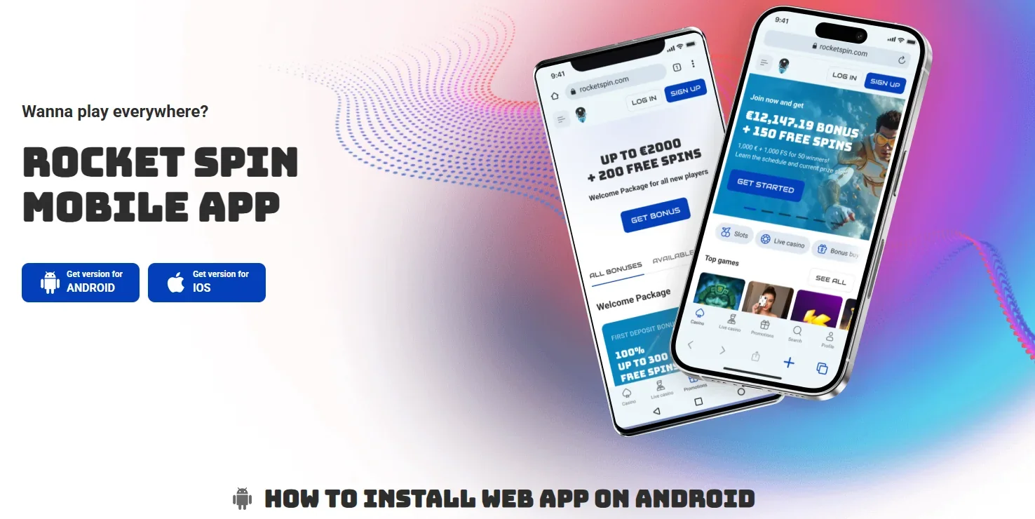 Official Rocket Spin mobile web app installation instructions showing Add to Home Screen steps for Android and iPhone